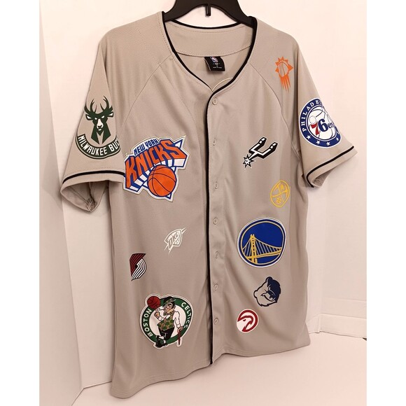 Vtg NBA Jersey Shirt Men M Tan All Over Print Patchwork Lakers Bulls Knicks Heat - Picture 2 of 11